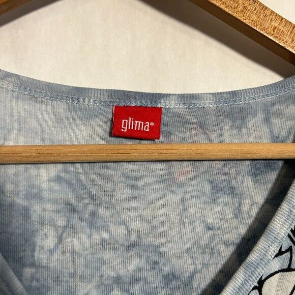 Glima Top Womens L Blue Om Lotus Flower Hippie V Neck 3/4 Sleeve Cotton - Picture 6 of 8